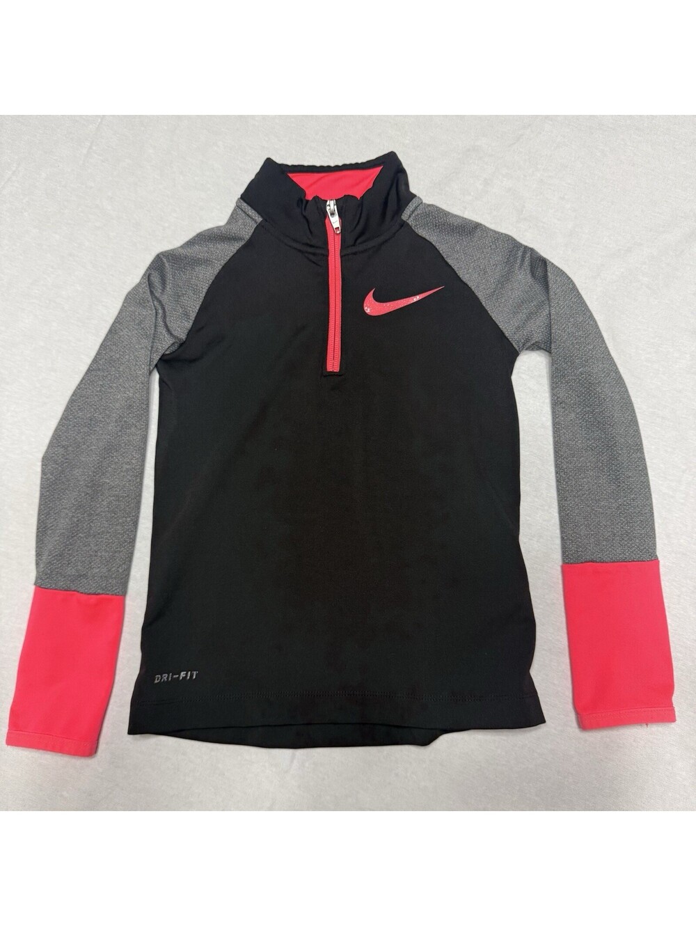 Nike Dri-FIT Youth Size 6 Quarter Zip Pullover Black Gray Pink Athletic Top